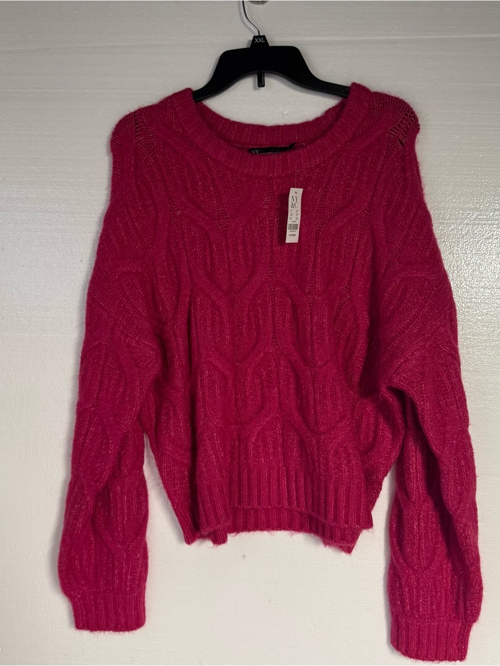 New York & Company Women Size XL Pink Cable Knit Sweater Crew Neck Ribbed Trim